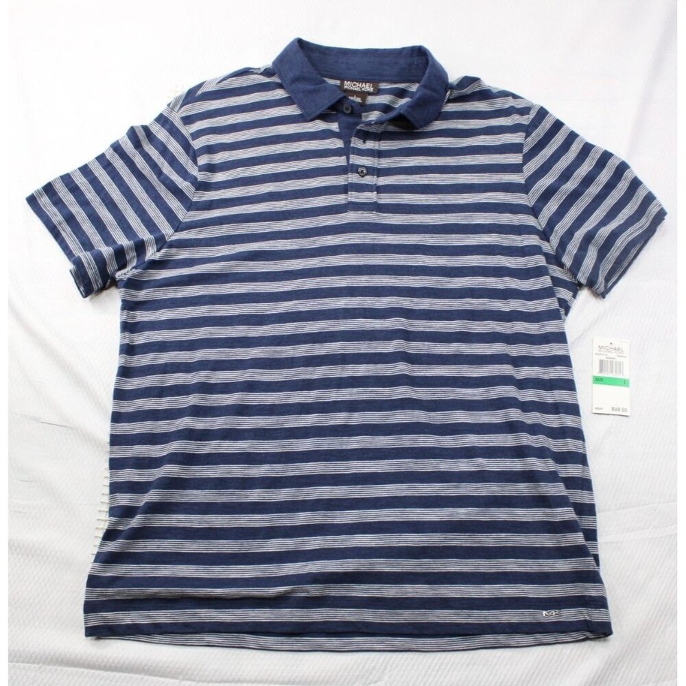 NWT Michael Kors Mens Striped Polo Shirt Large Midnight Blue Cotton